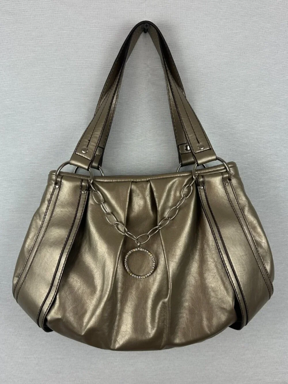 VINTAGE NINE & CO. METALLIC SHOULDER TOTE BAG, CHAMPAGNE GOLD, FAUX LEATHER